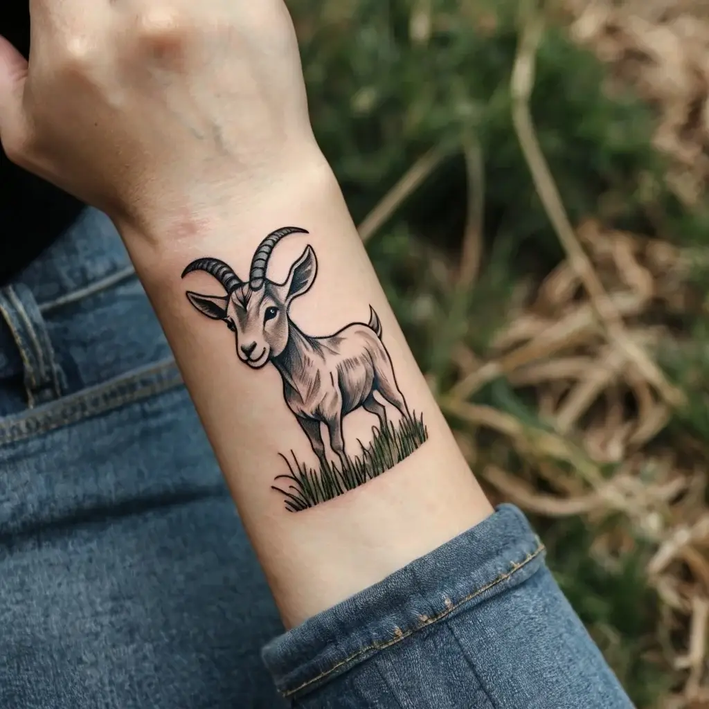 Tattoo of a detailed goat standing on grass, symbolizing agility and independence, inked on a forearm.