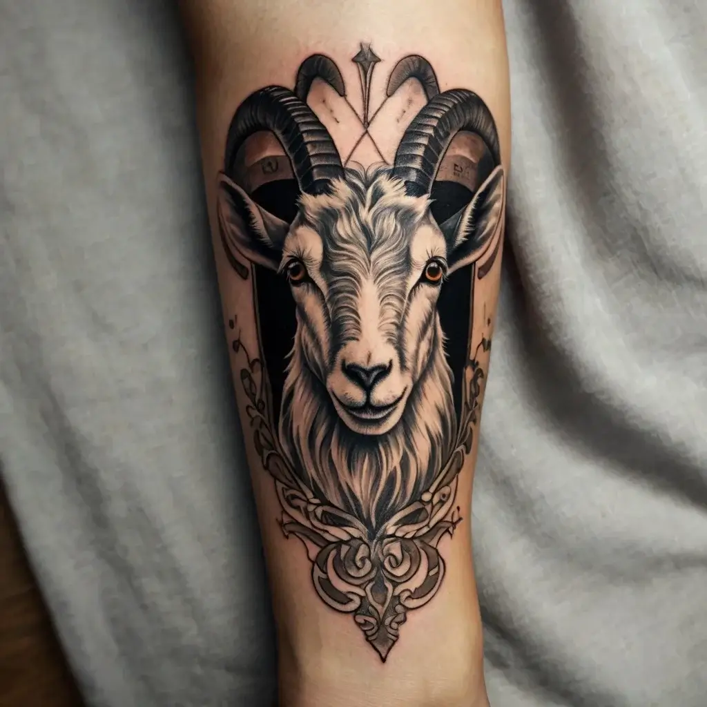 Goat tattoo with detailed realism, curved horns, and ornate filigree, symbolizing strength and wisdom.