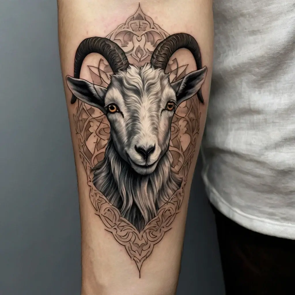 Realistic goat head tattoo with intricate geometric patterns framing the design on the forearm.