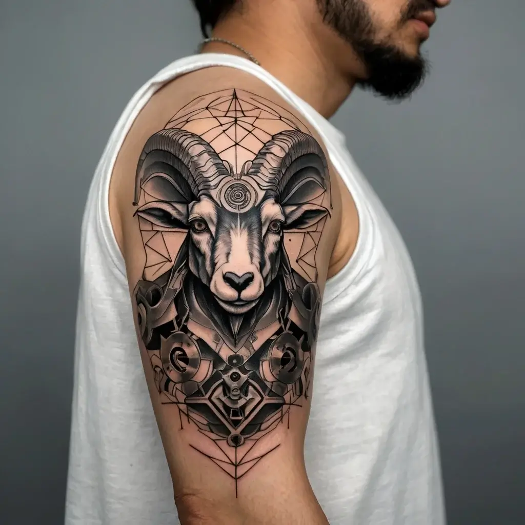 Geometric ram tattoo with intricate patterns, blending realism and abstract elements on the upper arm.