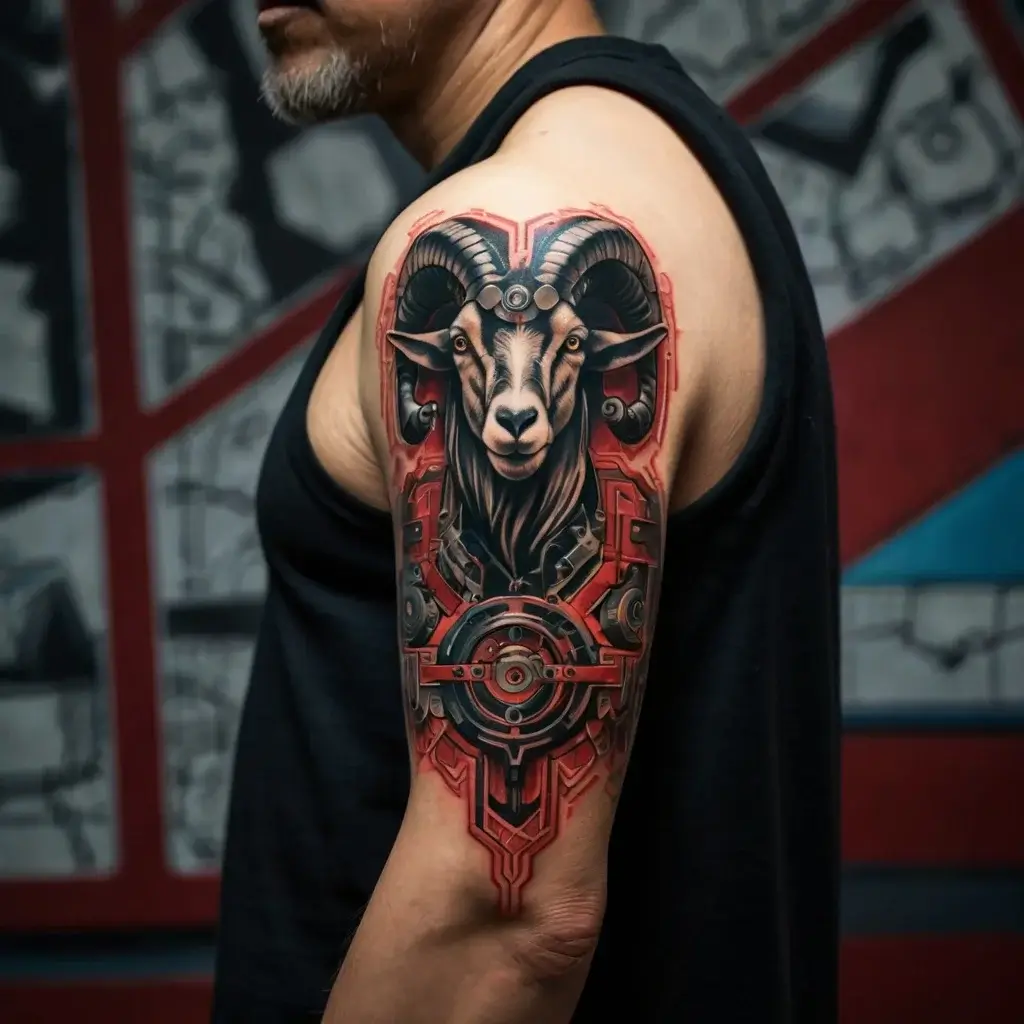 A vibrant tattoo of a ram's head with intricate geometric patterns in red, black, and grey, symbolizing strength and determination.