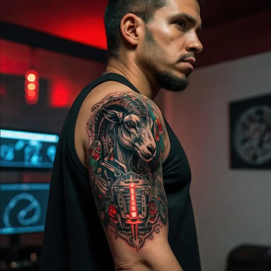 A detailed tattoo of a mechanical ram with glowing red elements and intricate geometric patterns on the upper arm.