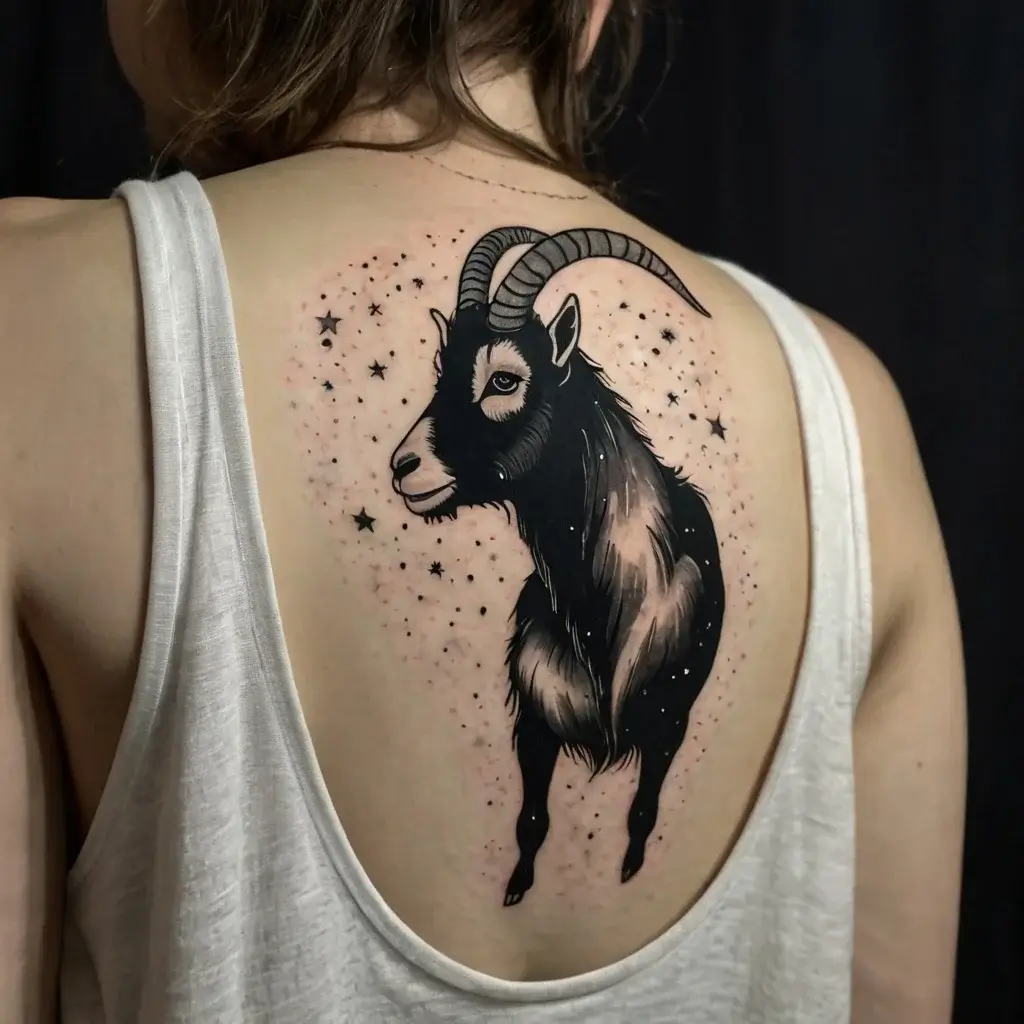 Tattoo of a goat with curved horns and stars, detailed in black and gray, on the upper back against a starry background.