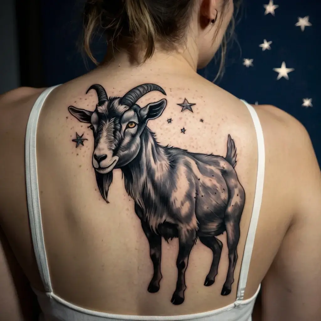 Tattoo of a detailed goat with realistic shading, surrounded by stars, placed on the upper back.