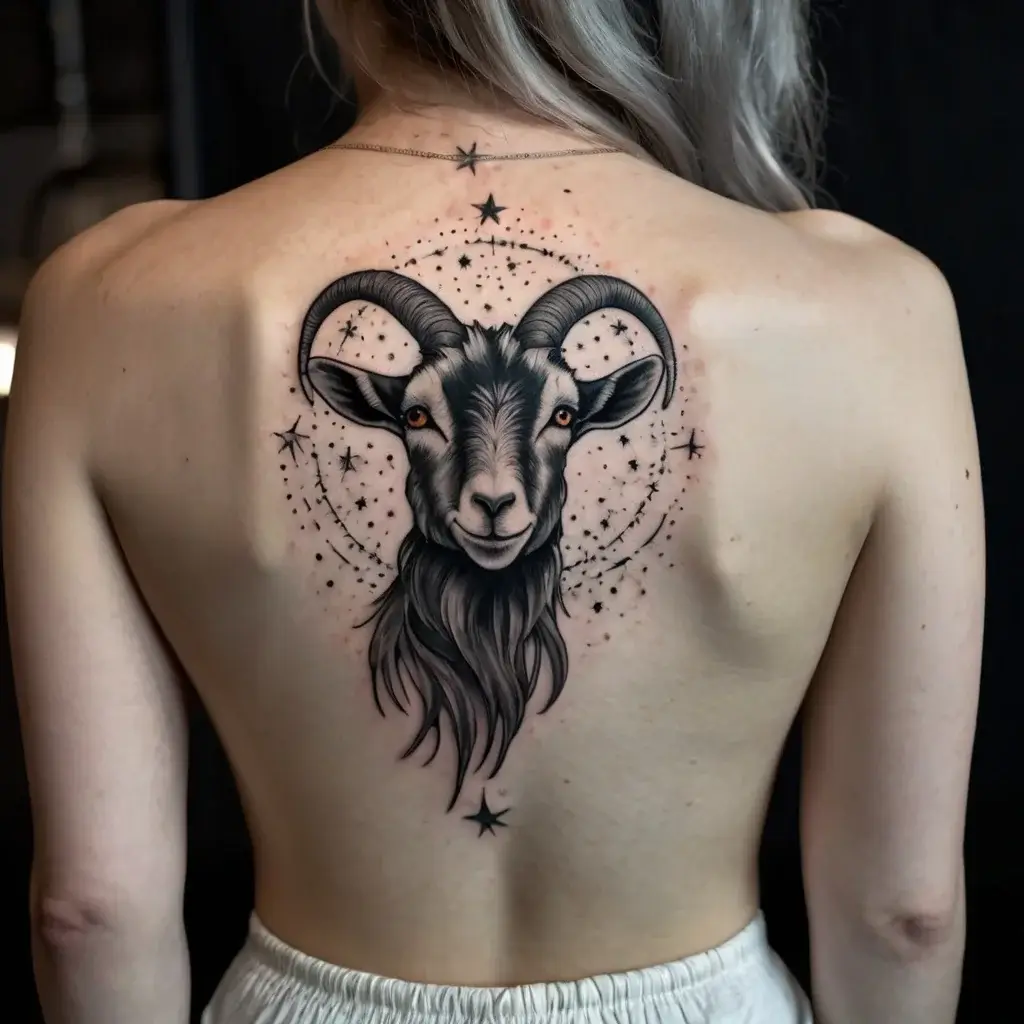 Tattoo of a goat head with majestic horns encircled by stars and cosmic elements, centered on the upper back.