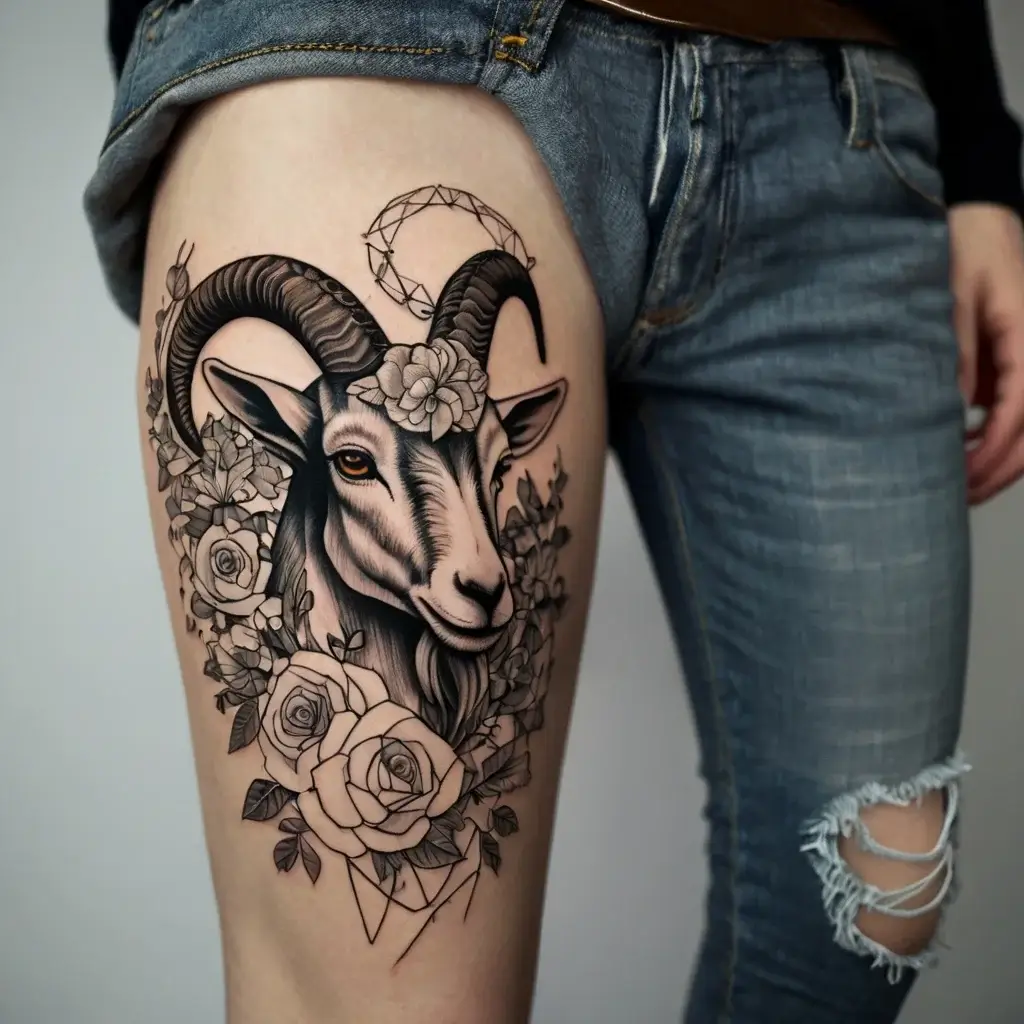 Thigh tattoo of a goat with ornate horns, surrounded by roses and leaves, accented by a geometric crescent moon.