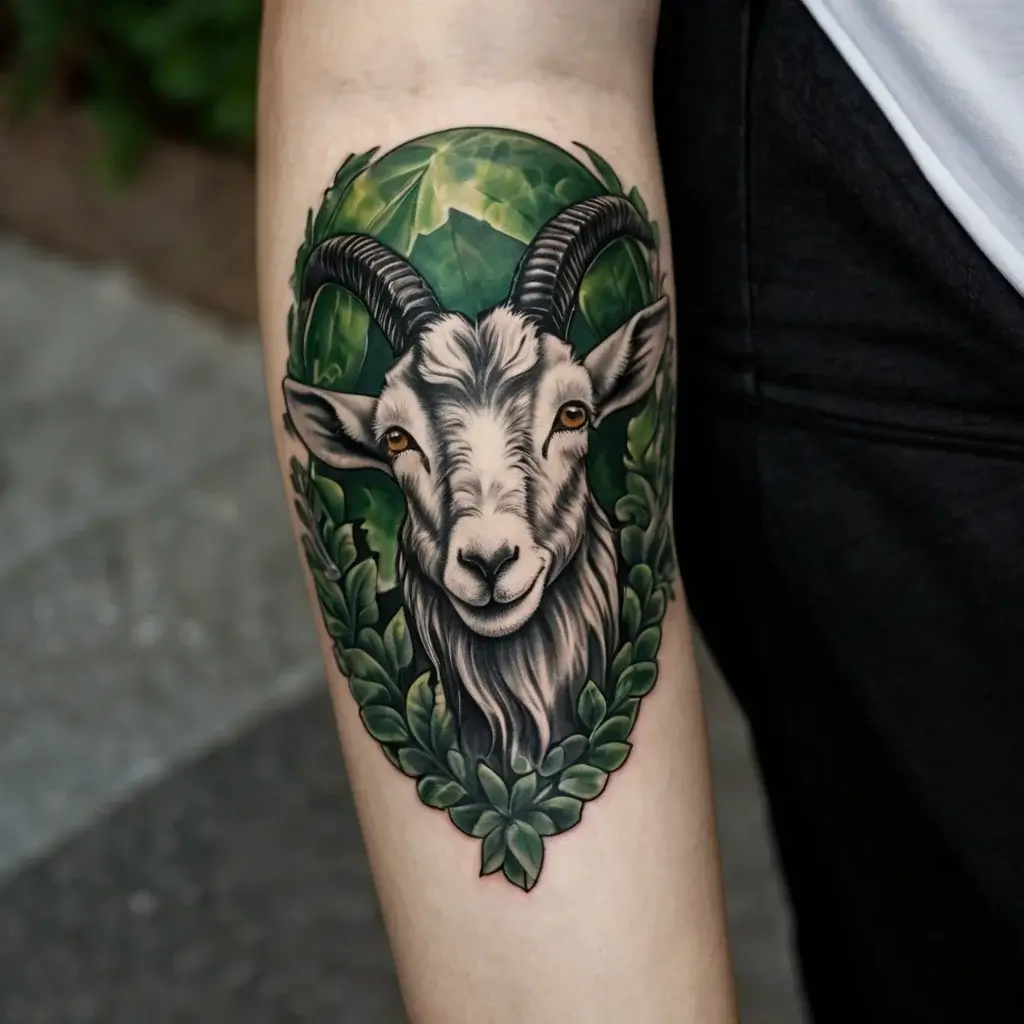 Realistic goat tattoo framed by leaves, set against a geometric green mountain background on the upper arm.