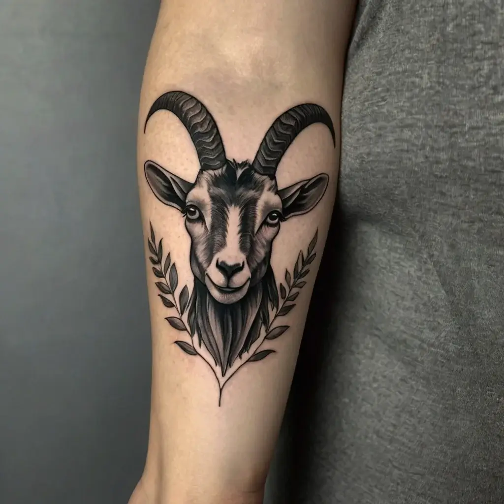 Black and grey tattoo of a goat head with detailed horns and eyes, framed by laurel branches, on the inner forearm.