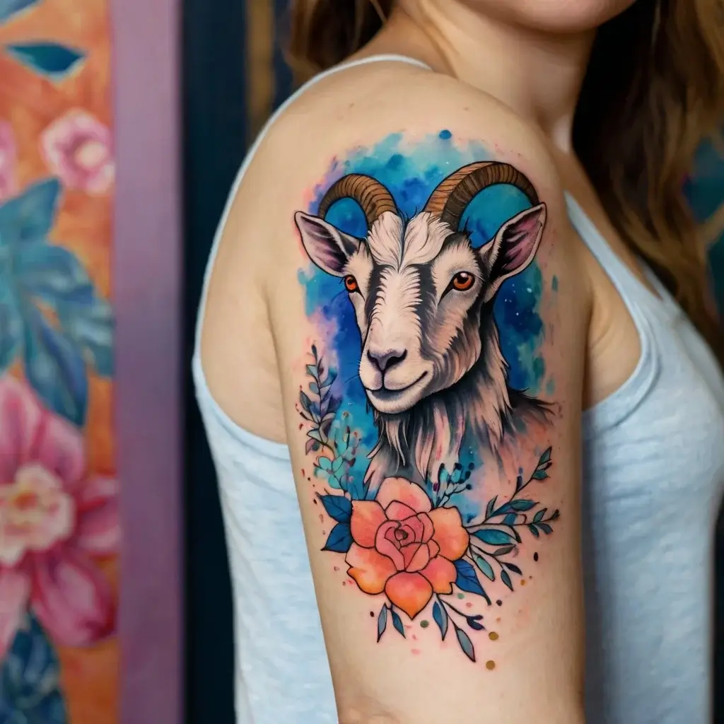 A realistic goat with curled horns, set against a vibrant watercolor background, adorned with a detailed rose.