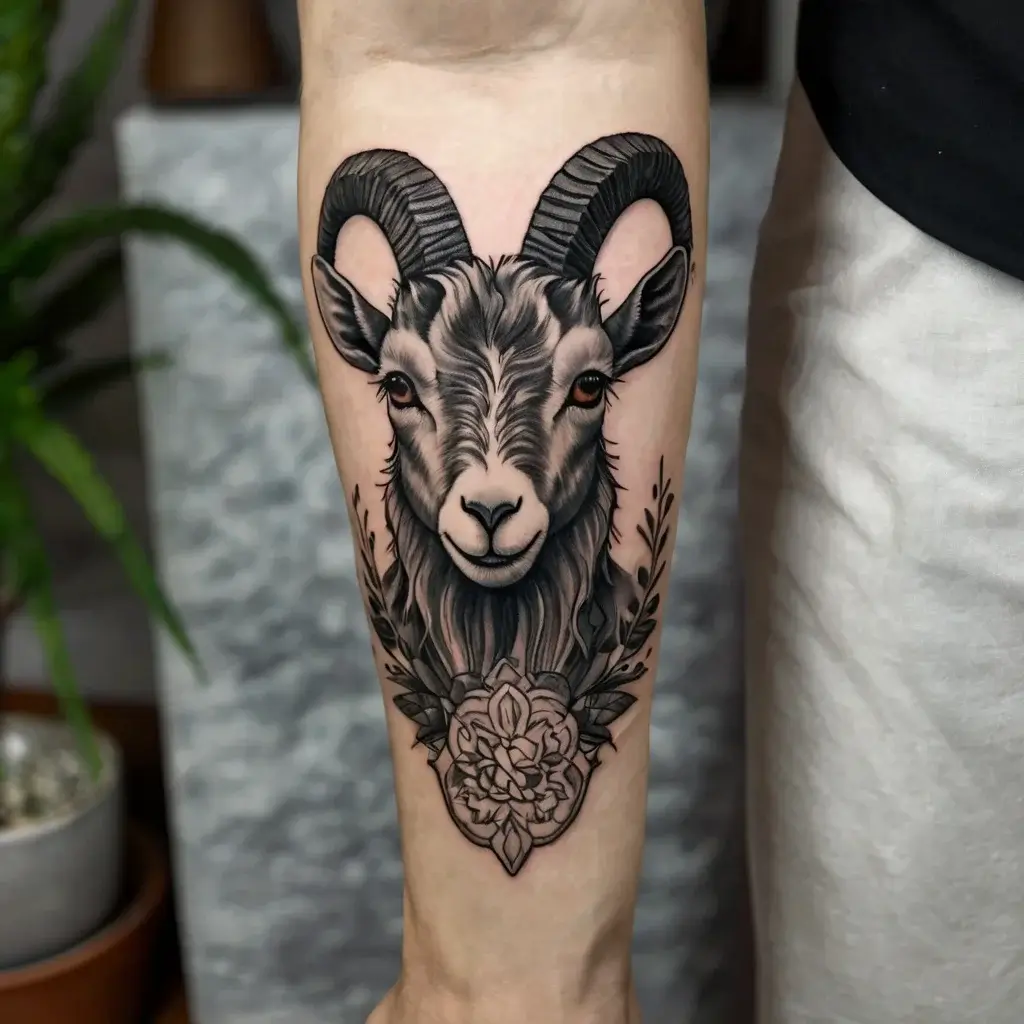 Tattoo of a detailed ram head with curled horns, framed by a floral motif at the base, symbolizing strength and nature.