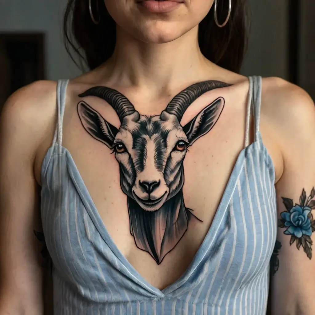 Tattoo of a realistic goat head, centered on the chest, with intricate shading and detailed linework, exuding boldness.