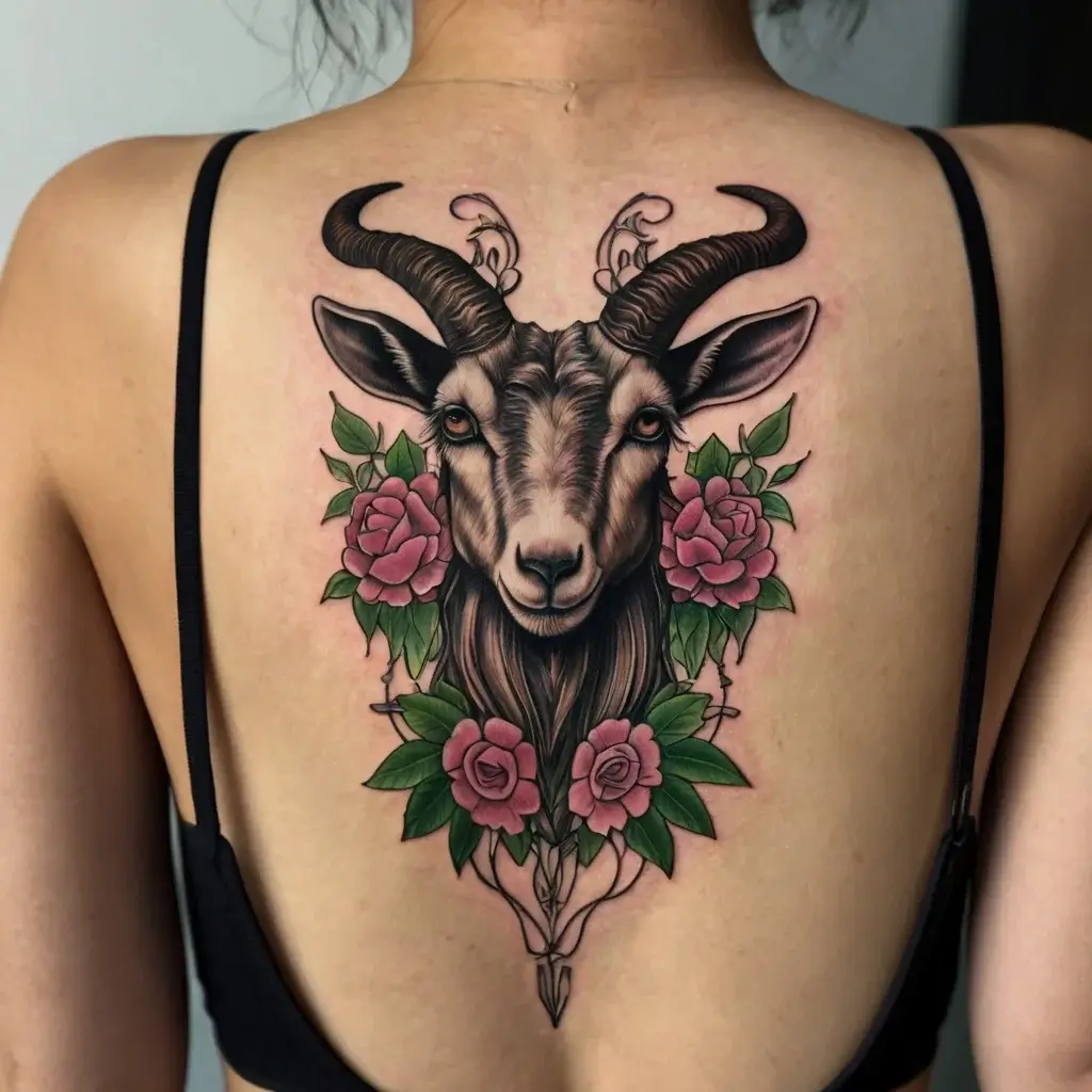 Detailed goat head tattoo surrounded by vibrant pink roses and green leaves, centered on the upper back.