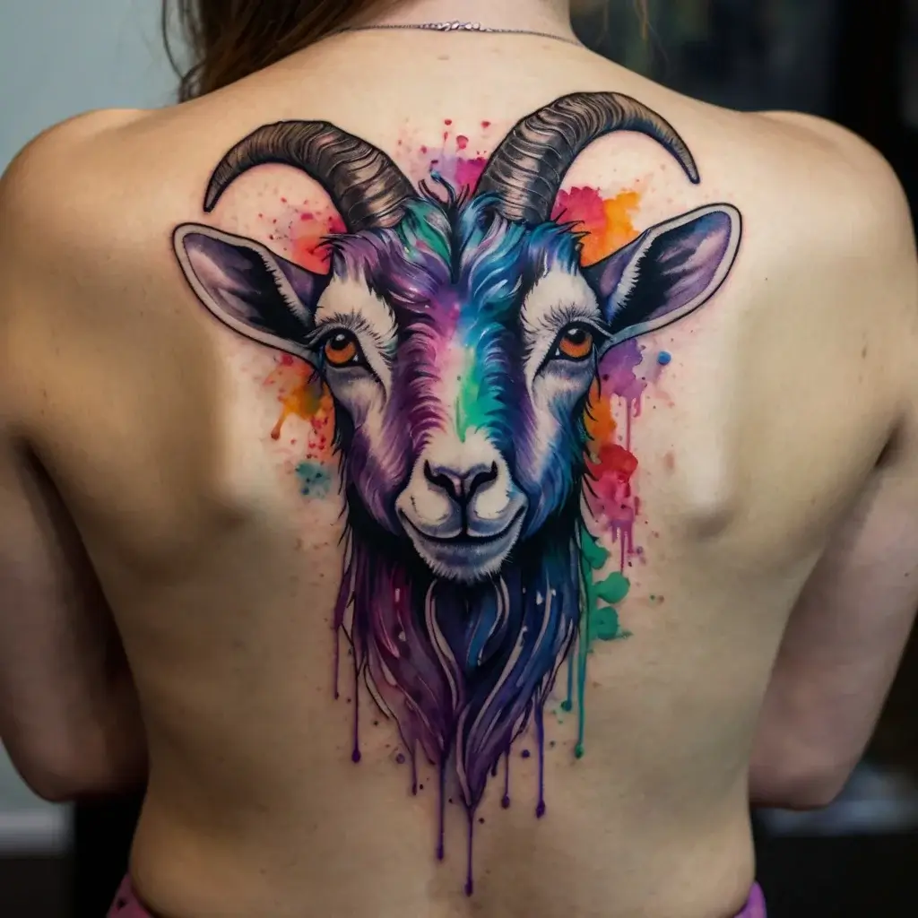 Watercolor goat tattoo on back, vibrant with rainbow hues. Realistic detail and splatters create a dynamic, artistic effect.