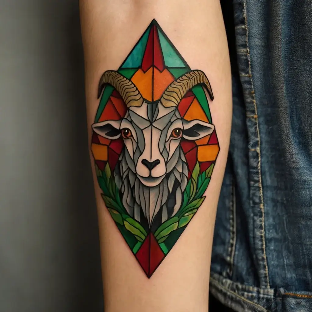 Geometric goat head tattoo with vivid colors, set in a triangular frame with leafy accents, blending modern and natural motifs.