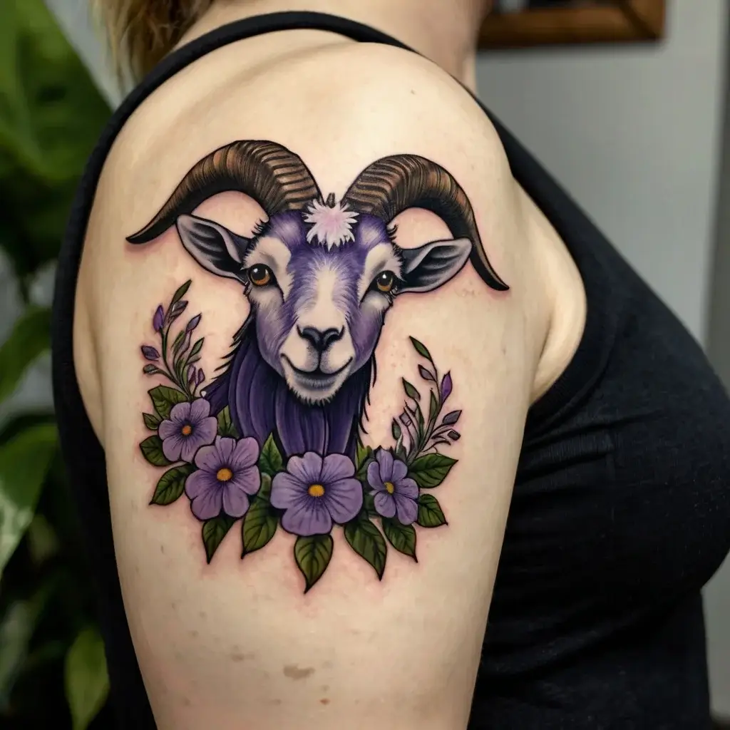 Tattoo of a purple goat with ornate horns, surrounded by purple flowers and green leaves on upper arm. Bold and colorful design.