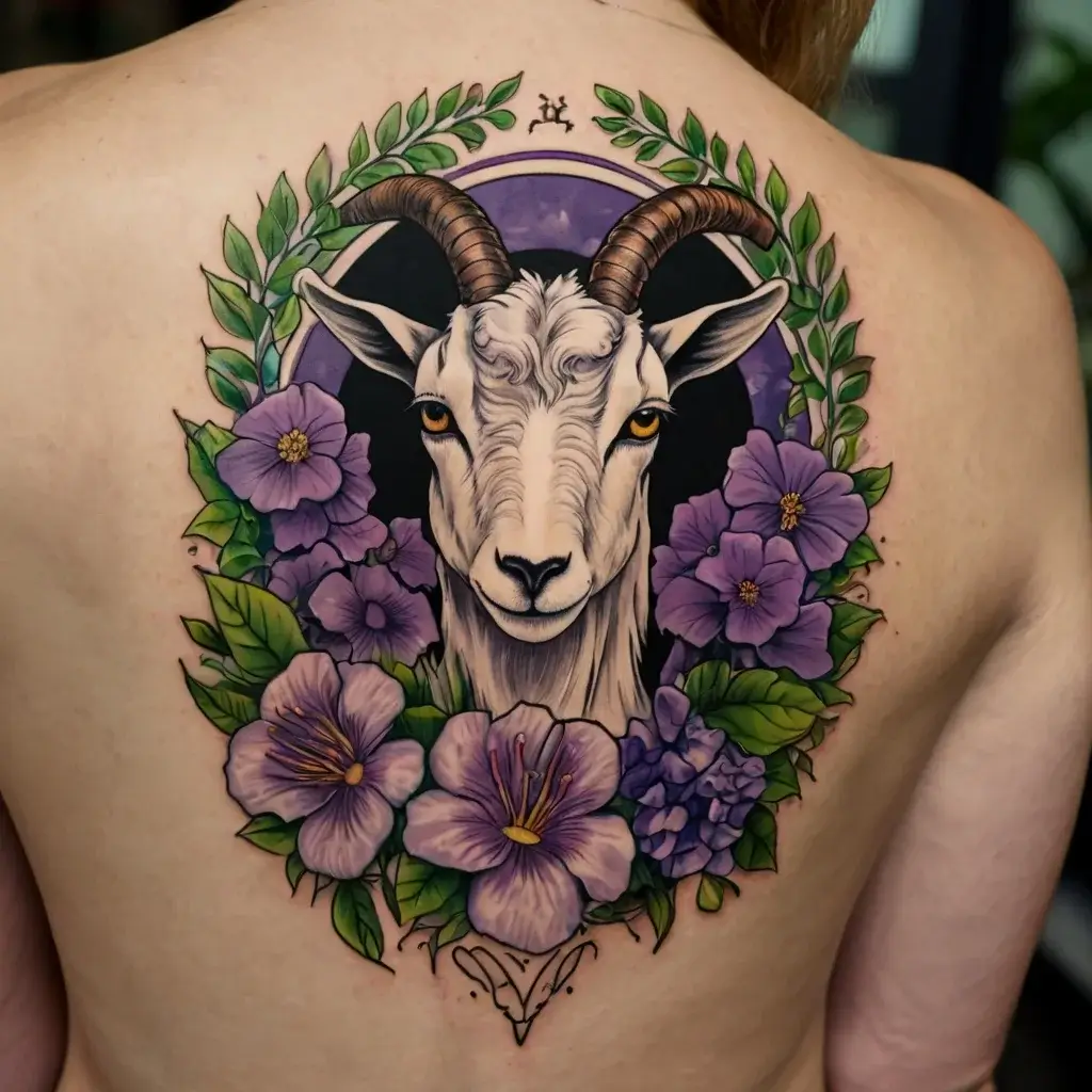 Tattoo of a goat's head with detailed horns, encircled by purple flowers and green leaves on the back.