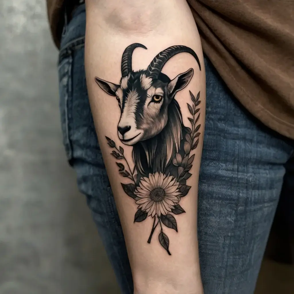 Tattoo of a realistic goat head with curved horns, framed by leafy branches, and a detailed daisy at the base.