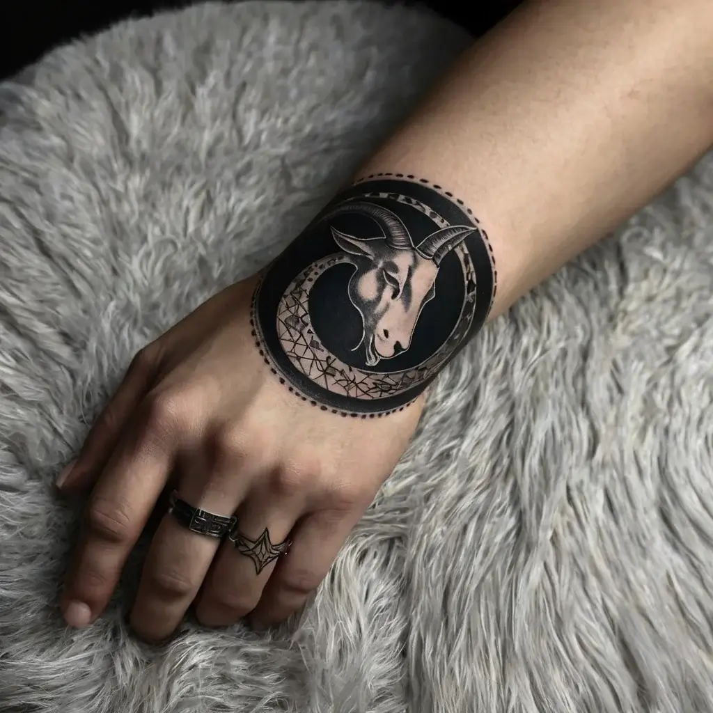 Goat head tattoo in a circular frame with geometric patterns, featuring bold black shading and delicate dot work.