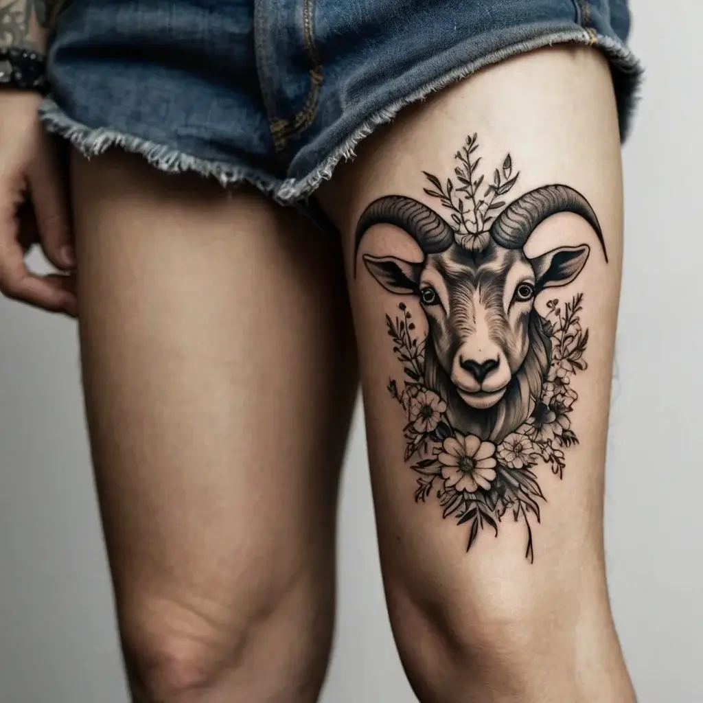 Tattoo of a detailed goat head with curved horns surrounded by flowers and leaves on the thigh, in black and gray ink.