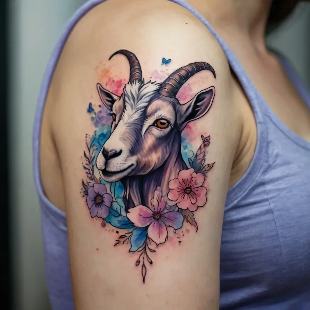 A colorful goat tattoo with vibrant flowers and butterflies, blending blue and pink shades on the upper arm.