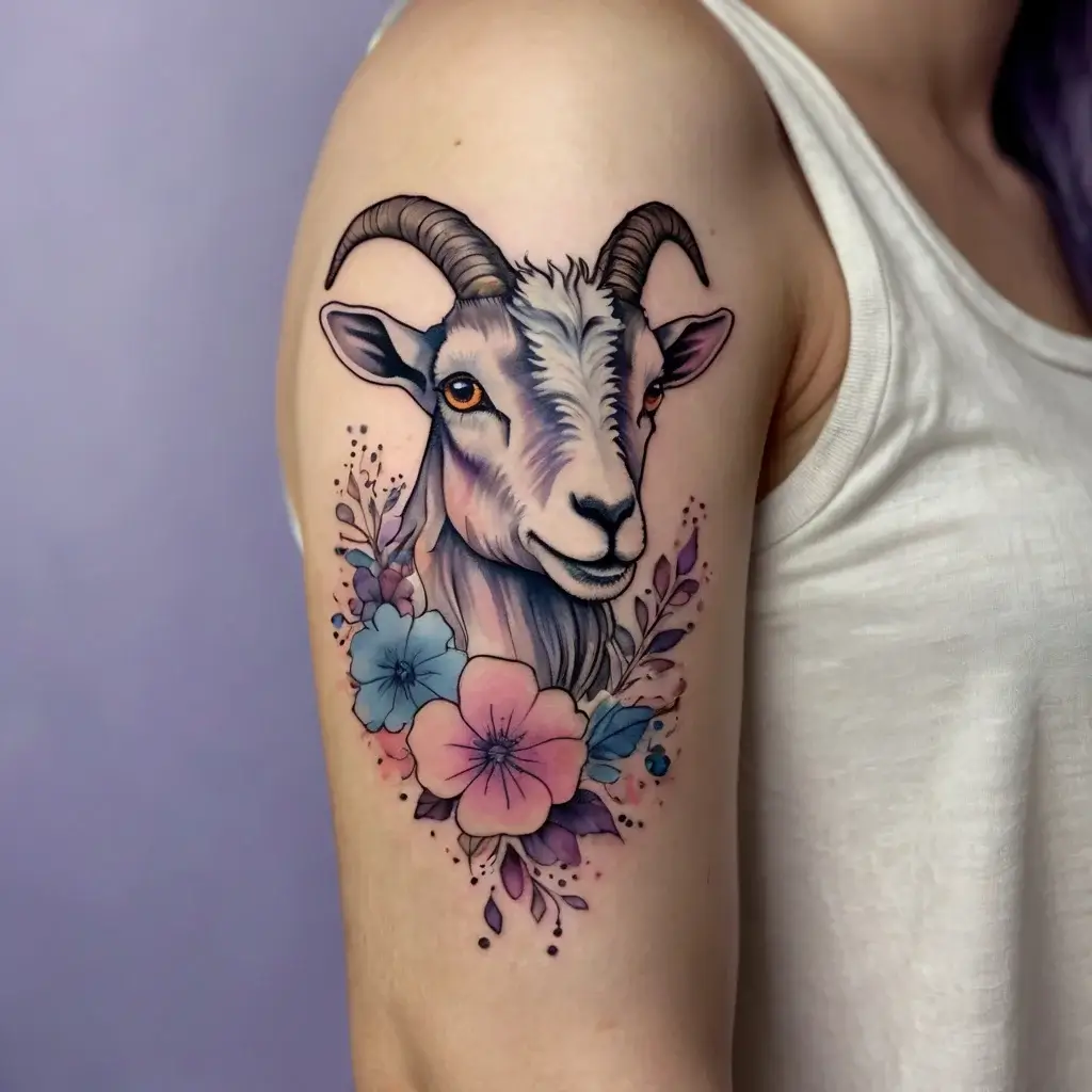 A detailed goat tattoo with realistic features, surrounded by pink and blue flowers, blending nature and symbolism.