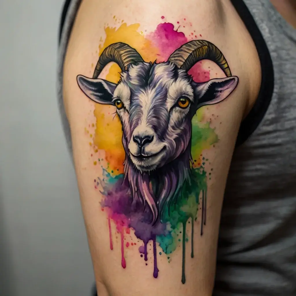 Watercolor tattoo of a goat with realistic features, surrounded by vibrant splashes of purple, yellow, and green.