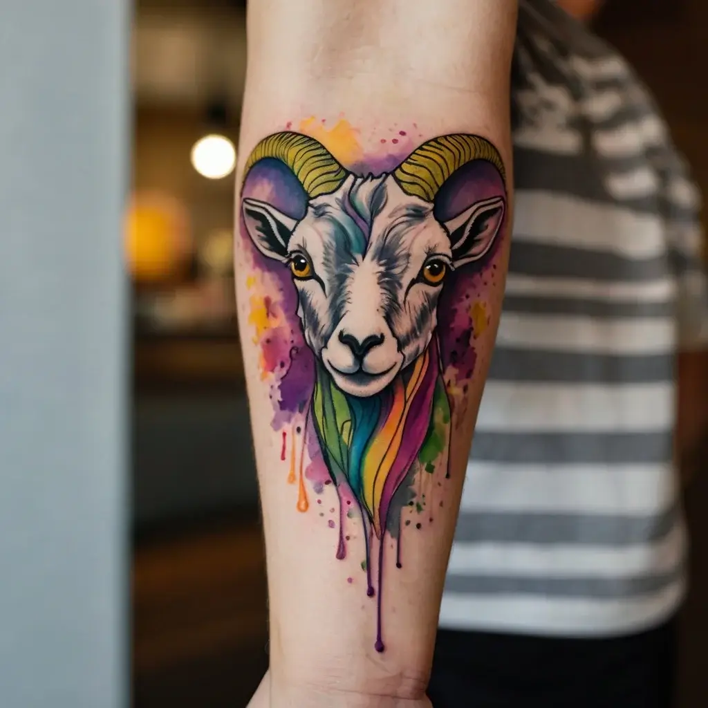 Tattoo of a realistic ram's head, with rainbow-colored neck fur and watercolor splash background, on forearm.