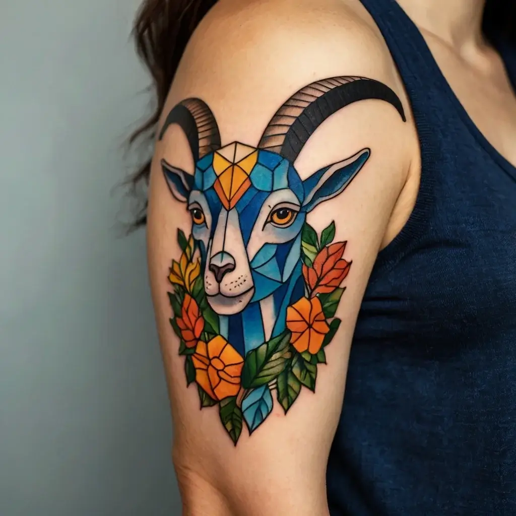 Geometric blue goat head with colorful flowers and leaves on the upper arm, combining nature and abstract art.