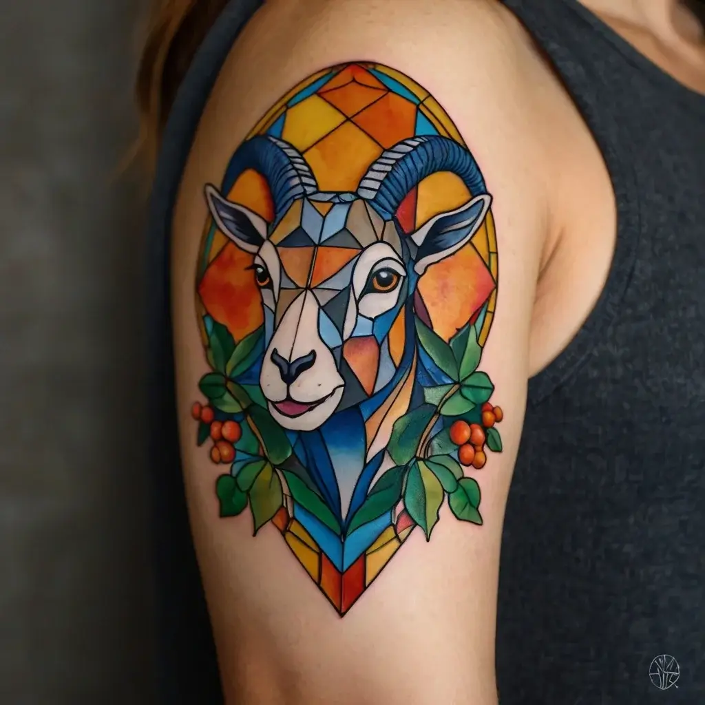 Geometric ram tattoo in vibrant stained glass style, featuring bold colors and leaf accents on the upper arm.