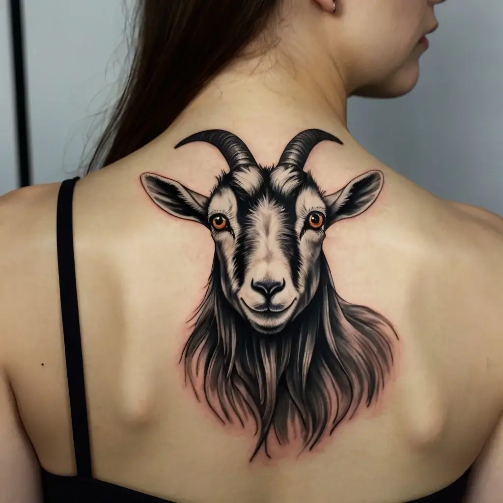 Realistic goat head tattoo centered on the upper back with detailed shading and vibrant eyes, creating a striking look.