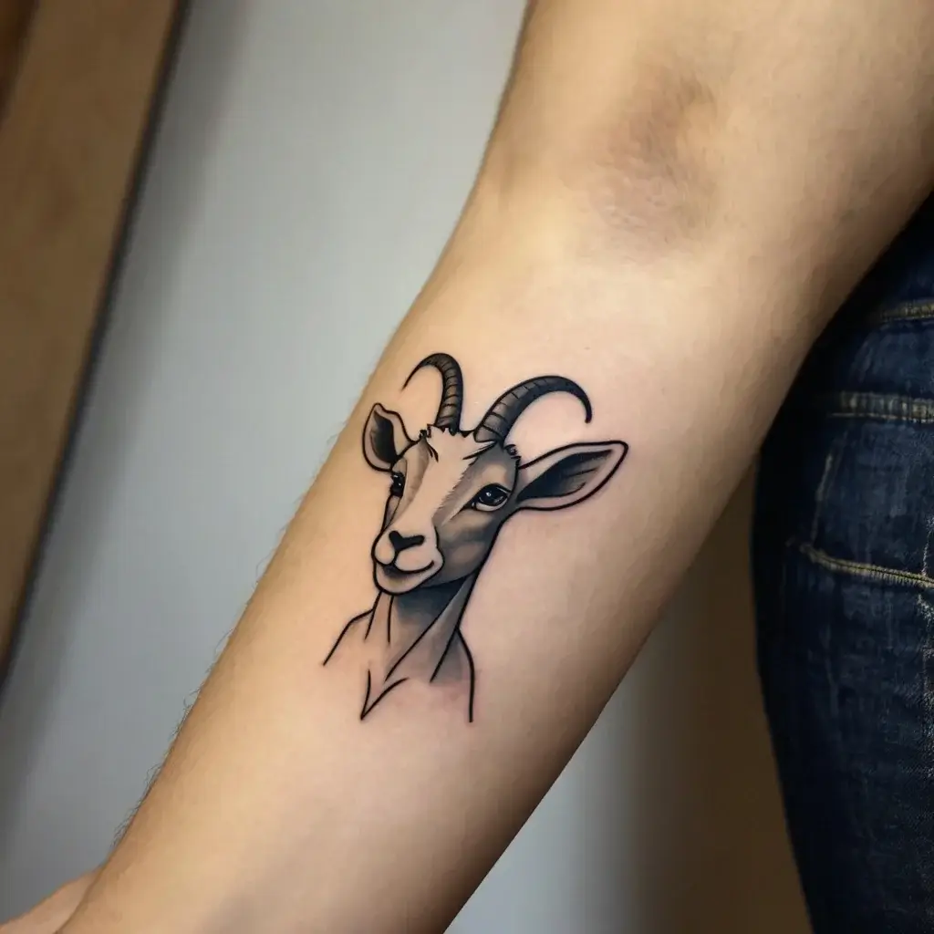 Arm tattoo of a stylized goat head, using bold lines and shading for depth and a touch of realism.