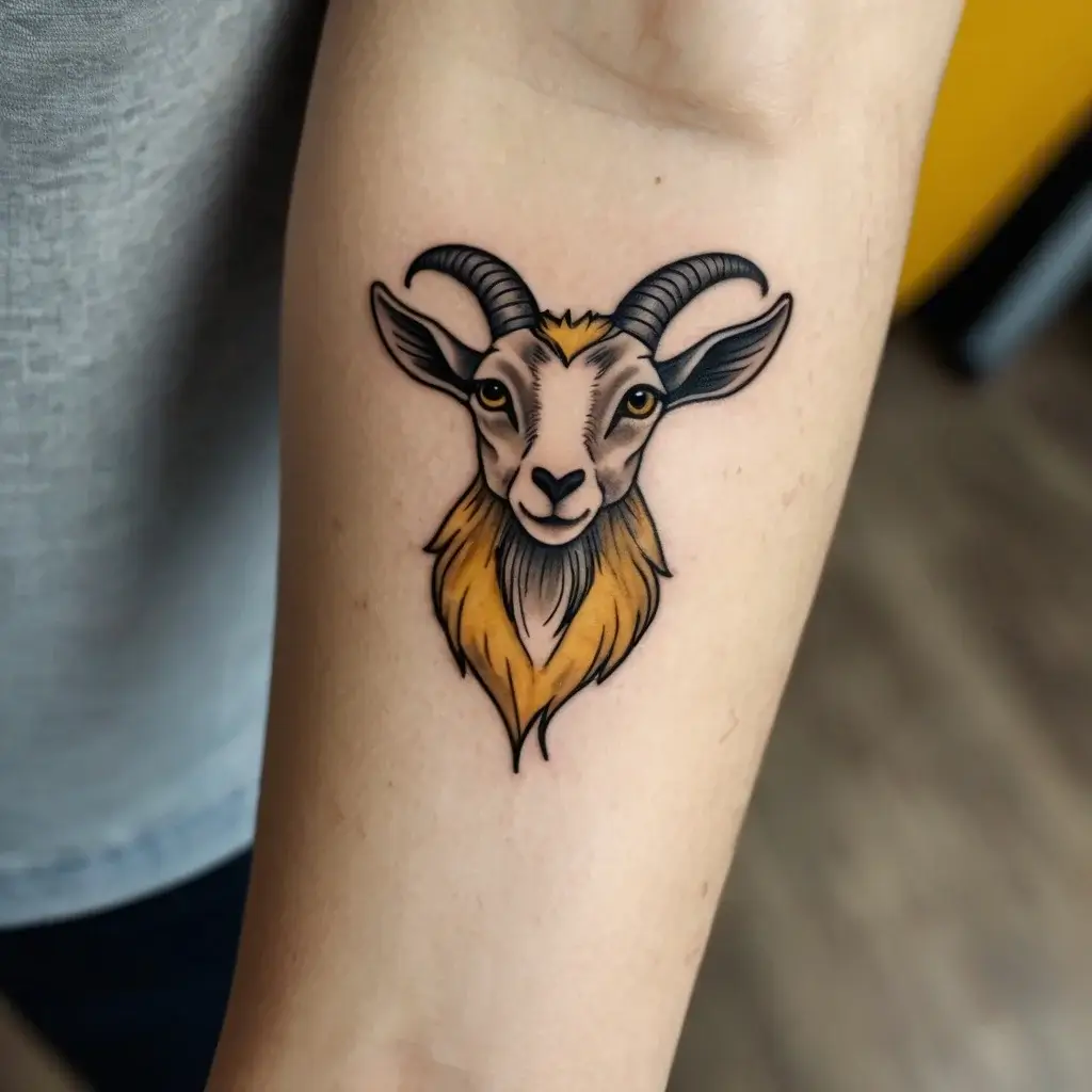 Stylized goat head tattoo with bold lines and orange accents, featuring intricate horn details on forearm.