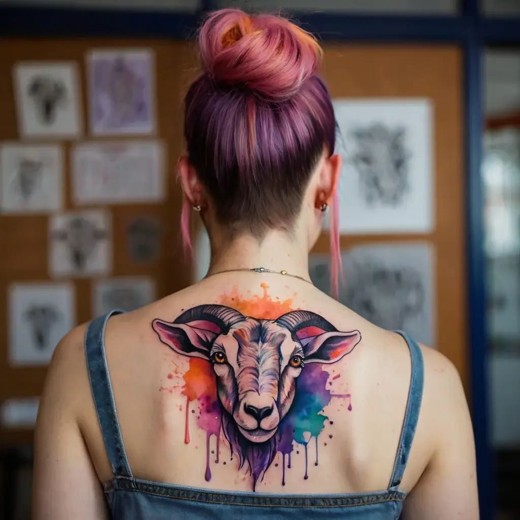 A colorful goat tattoo on the upper back with watercolor splashes in orange, purple, and blue hues, creating a vibrant effect.