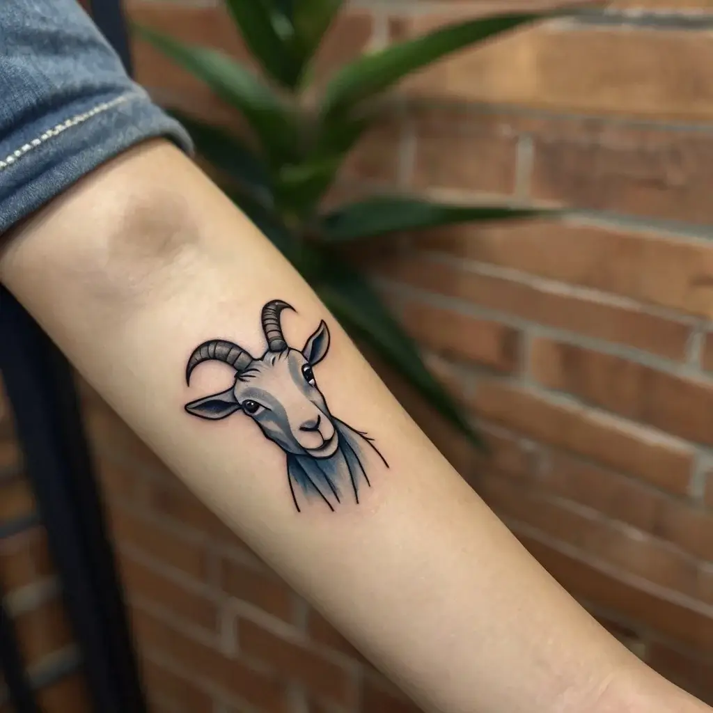 Tattoo of a stylized goat head with curved horns and smooth shading, inked on the inner forearm.