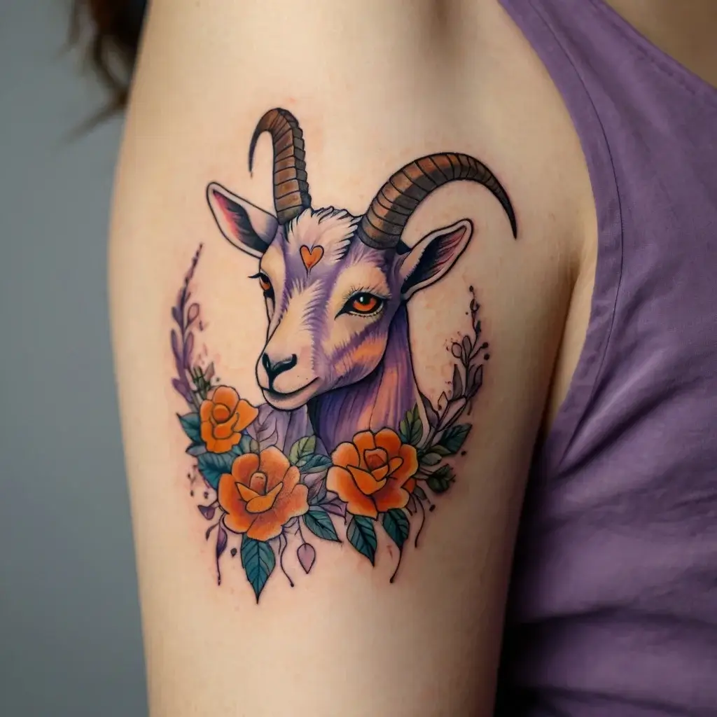 Colorful goat head tattoo with intricate horns, surrounded by vibrant orange roses and green leaves on upper arm.