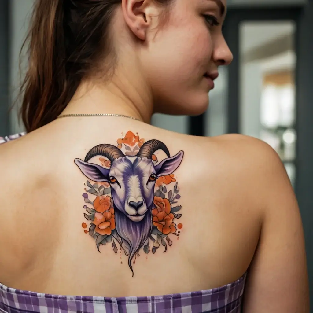 Tattoo of a goat's head with purple and orange hues, surrounded by orange flowers and grey leaves on woman's upper back.