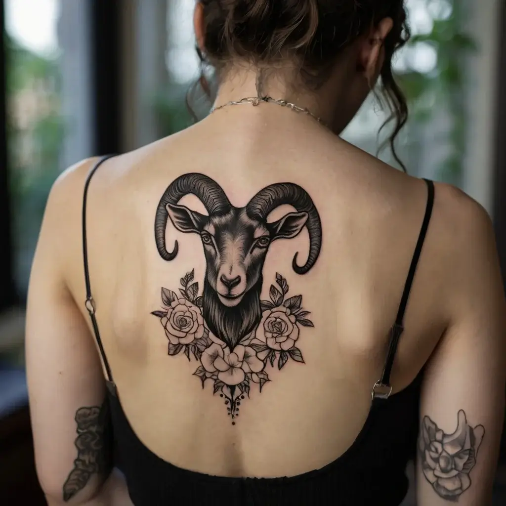 A detailed goat head tattoo with curled horns, surrounded by roses and leaves, centered on the upper back.