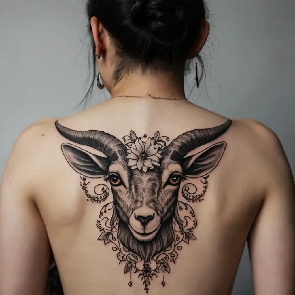 Tattoo of a goat's head with ornate floral and leaf designs surrounding it, centered on a person's upper back.