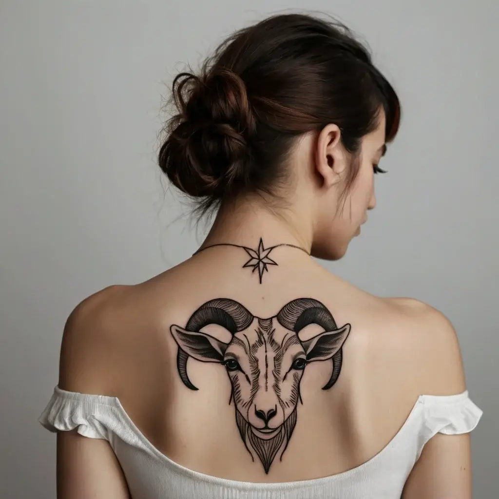 Linework tattoo of a detailed goat head with curved horns on back, accented by a small star below the neck.