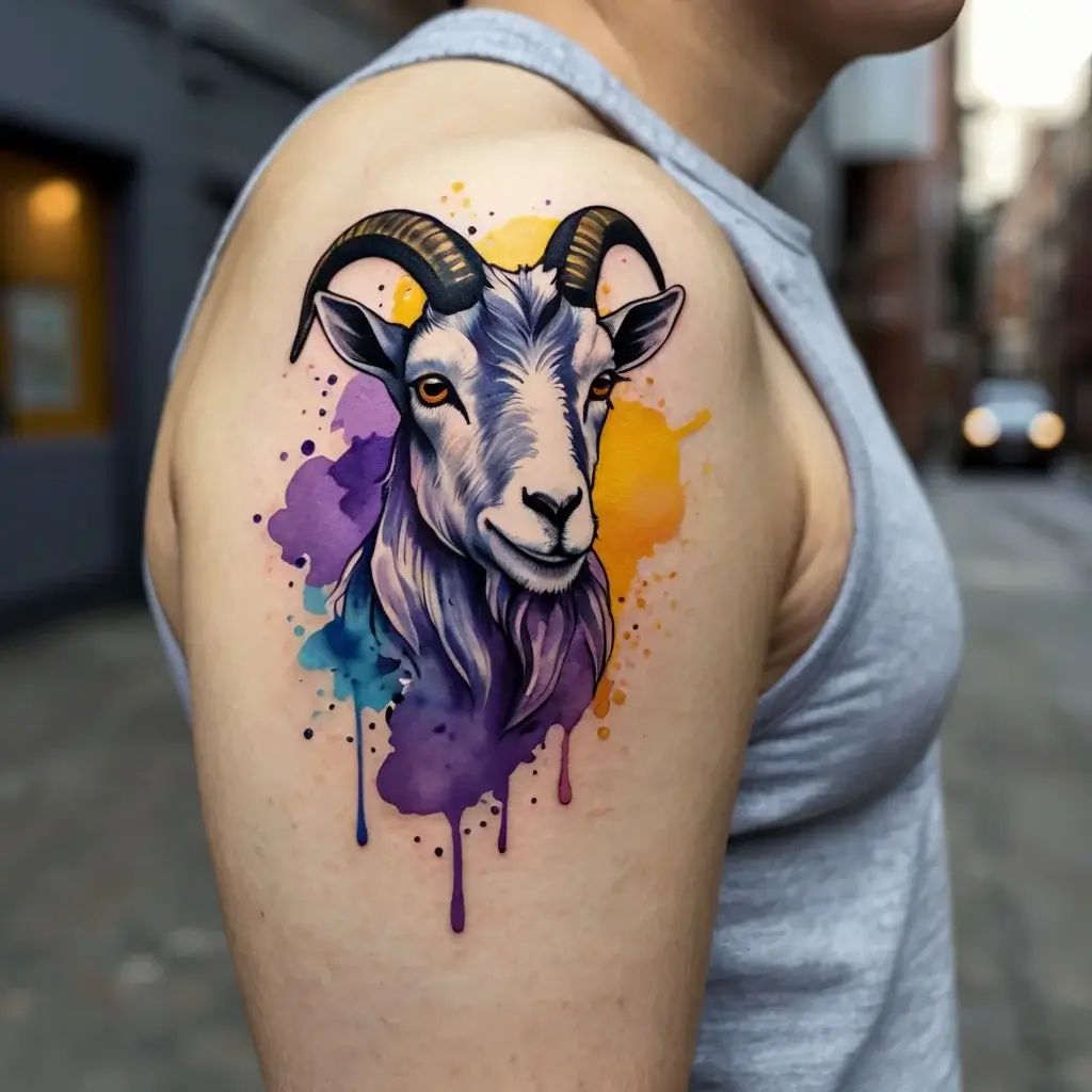 A realistic goat head tattoo with vibrant watercolor splashes of purple, blue, and orange on the upper arm.