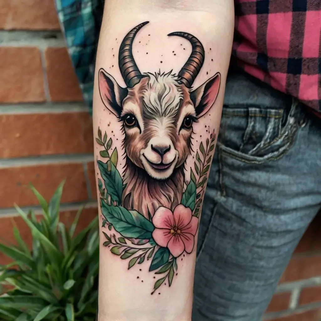 Tattoo of a smiling goat adorned with intricate green leaves and a pink flower, creating a lively and colorful design.