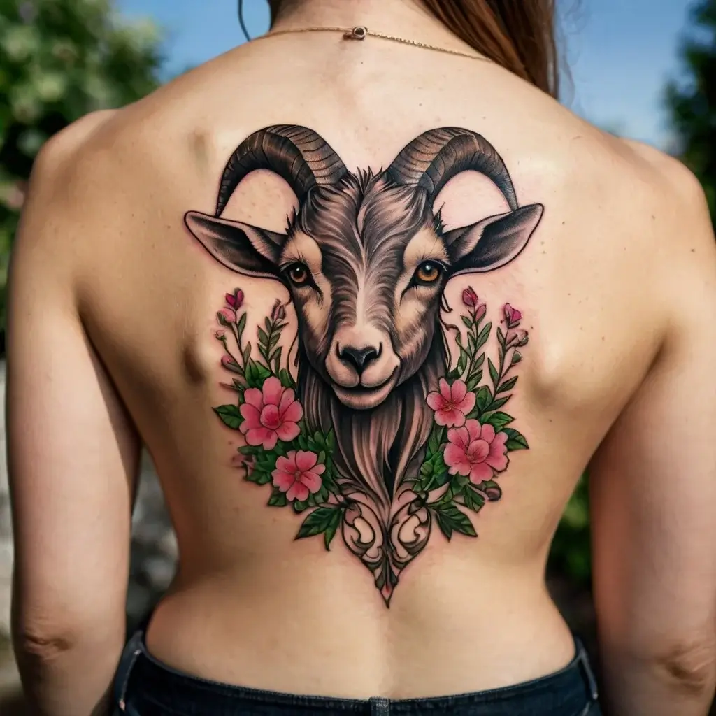 A detailed goat head tattoo adorned with vibrant pink flowers and lush green leaves, centered on the upper back.