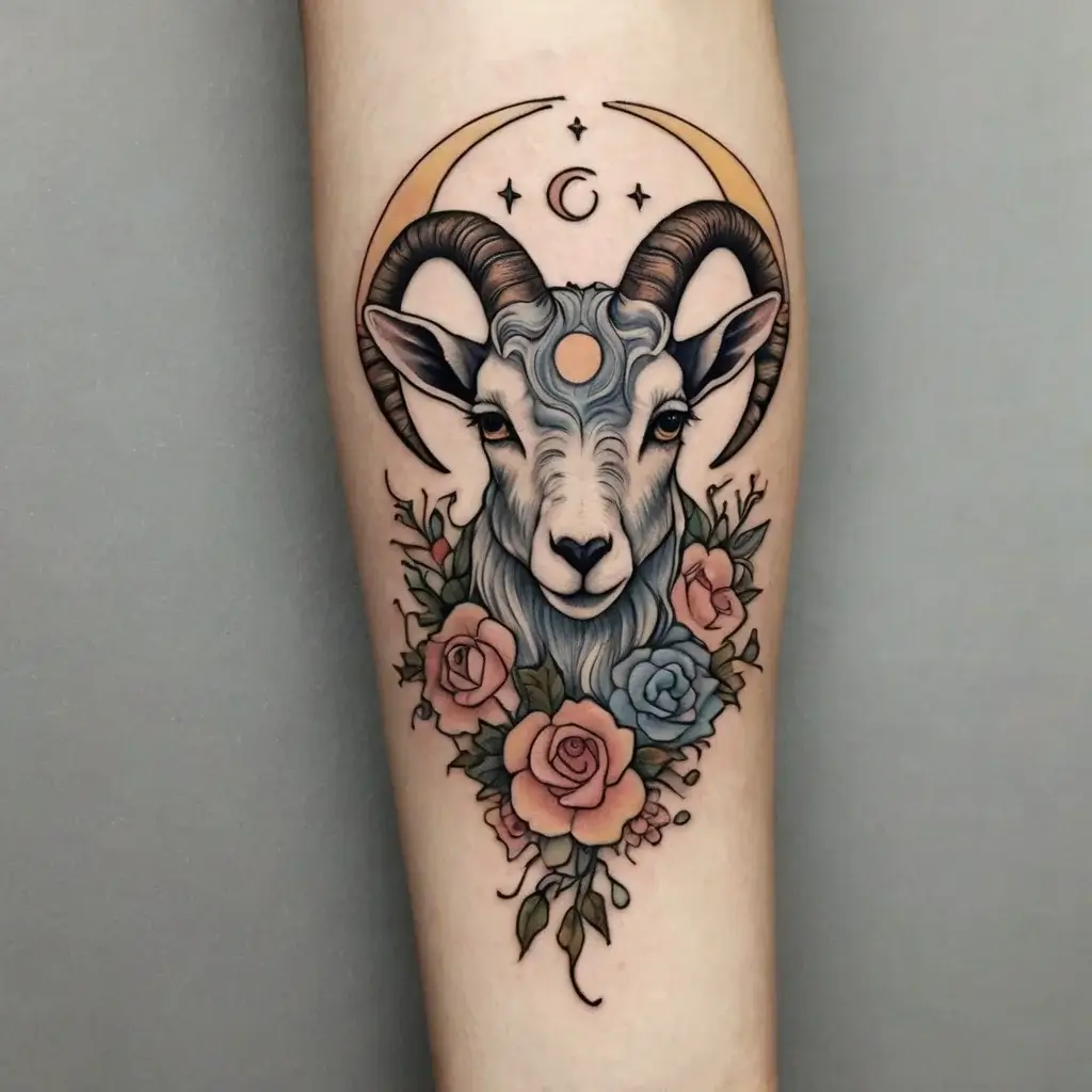 Tattoo of a mystical ram with crescent, stars, and floral accents, blending celestial and natural themes.