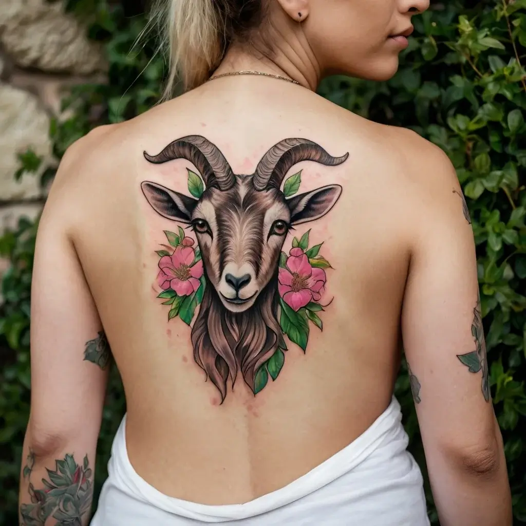 Back tattoo of a detailed goat head with curved horns, surrounded by vibrant pink flowers and lush green leaves.