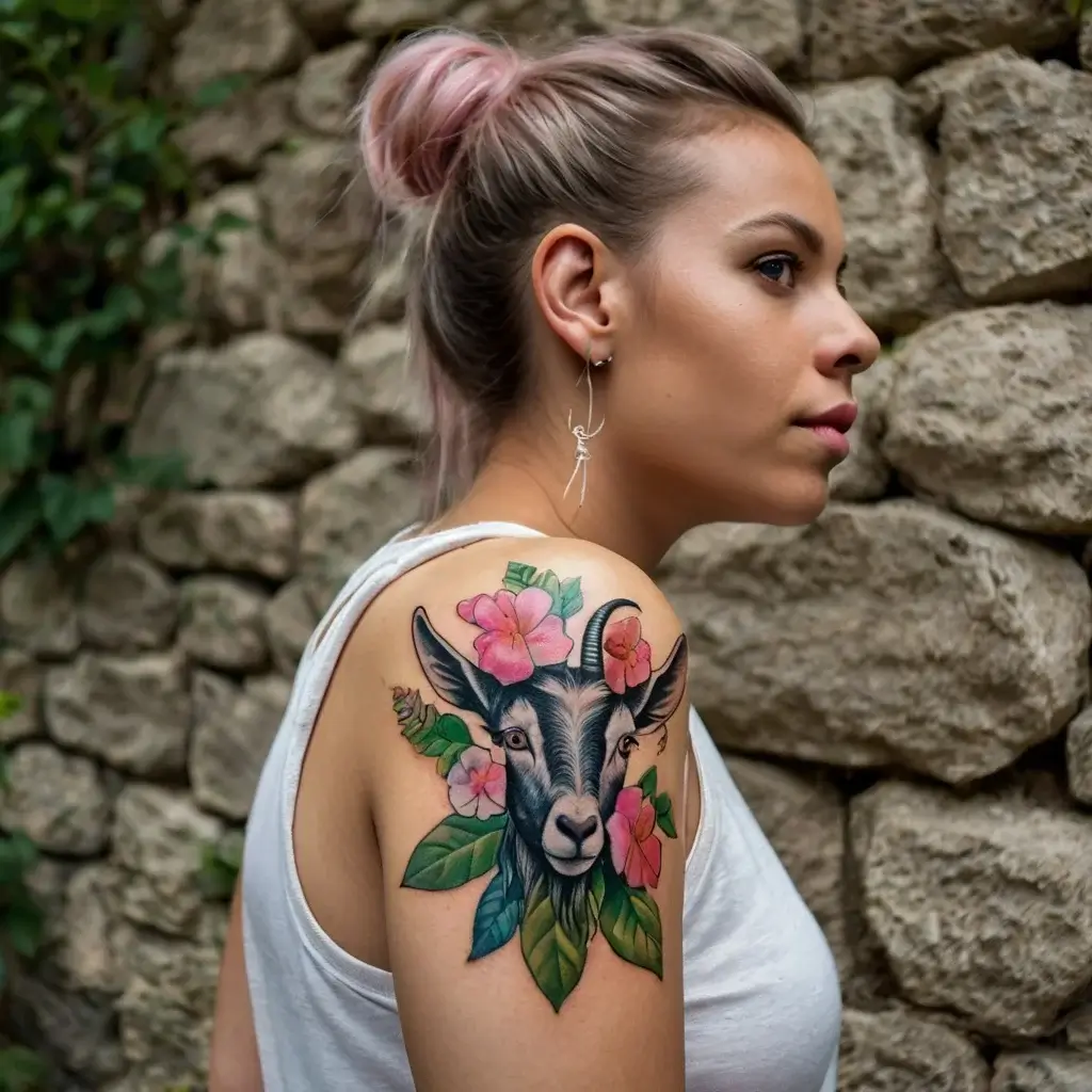 Tattoo of a goat surrounded by vibrant pink flowers and green leaves on a woman's upper arm, blending realism and color.