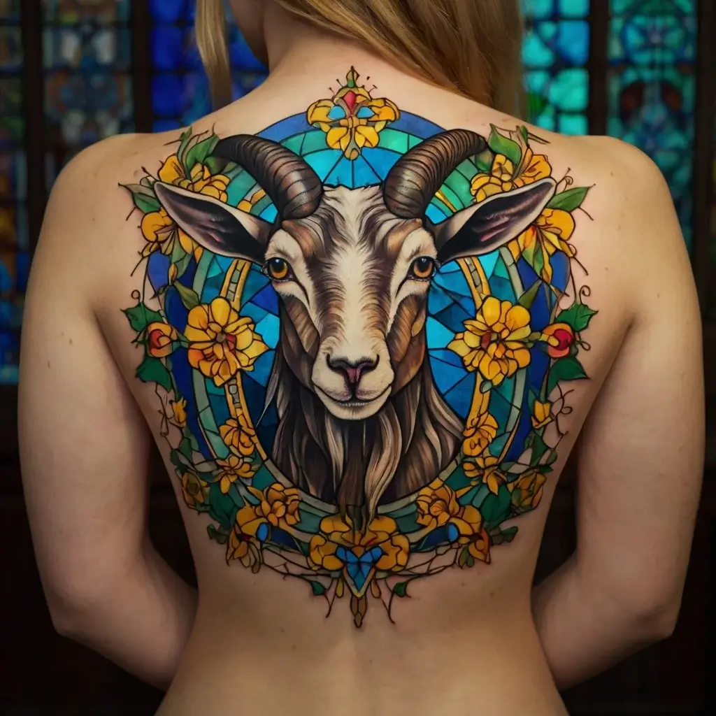 Colorful goat tattoo on back with stained-glass style. Features vibrant yellow flowers and blue geometric shapes.