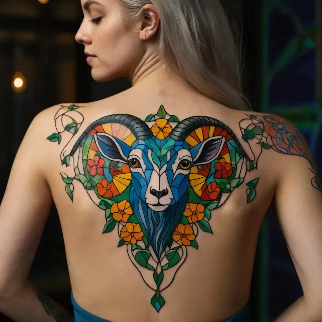 Stained-glass style blue ram tattoo with vibrant flowers and geometric patterns across the upper back and shoulders.