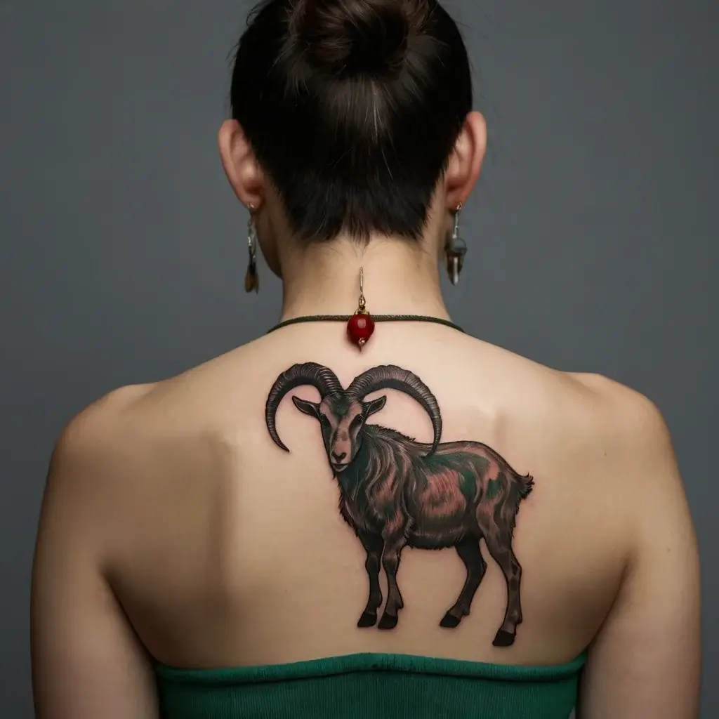 Realistic mountain goat tattoo with detailed fur and curved horns, centered on upper back.