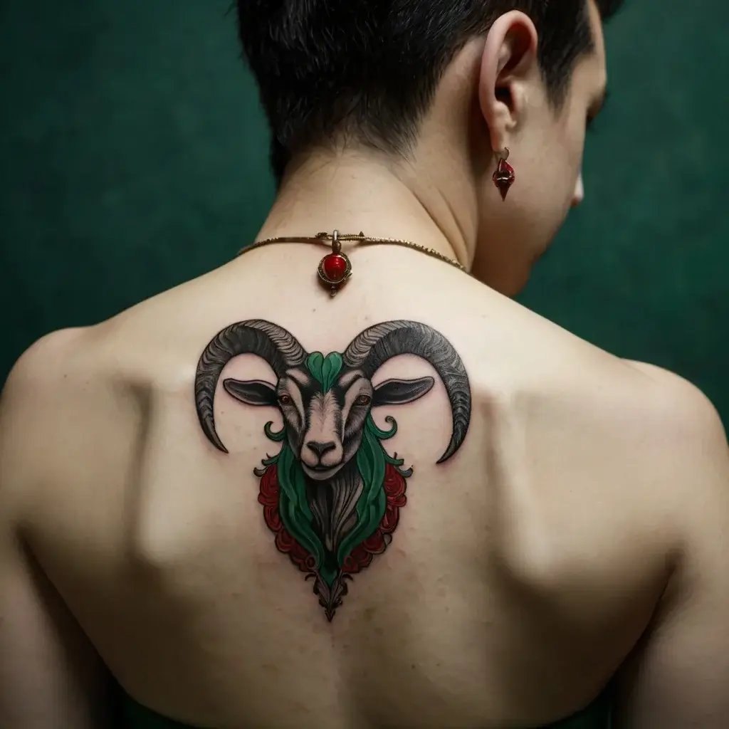 Back tattoo of a detailed goat head with curved horns, flanked by green and red ornate patterns, symbolizing strength.