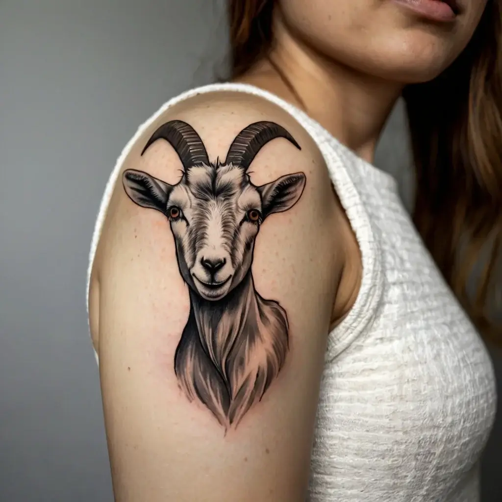 Realistic goat head tattoo on the upper arm, showcasing fine shading and detail, with a lifelike expression.